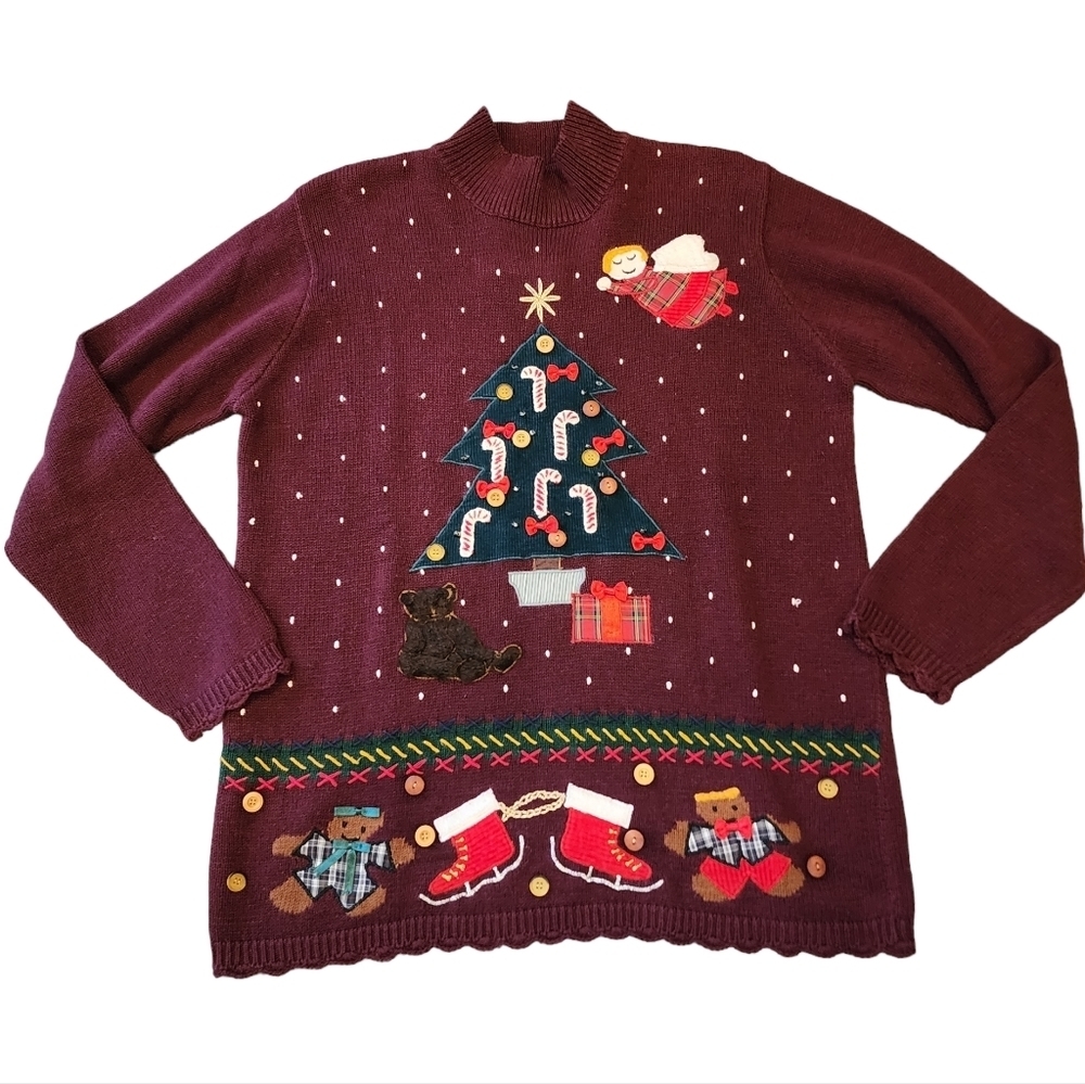 Karen Scott hand‎ embroidered Burgundy Christmas sweater Size medium